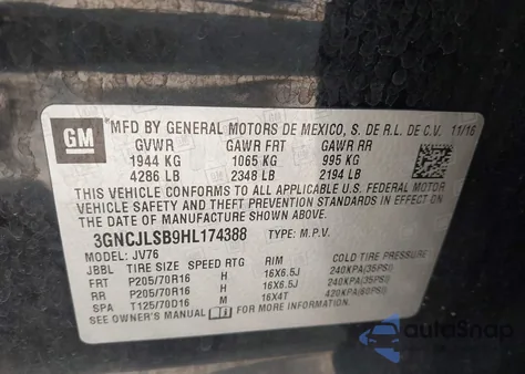 2017 Chevrolet Trax Lt from USA, damaged, VIN 3GNCJLSB9HL174388